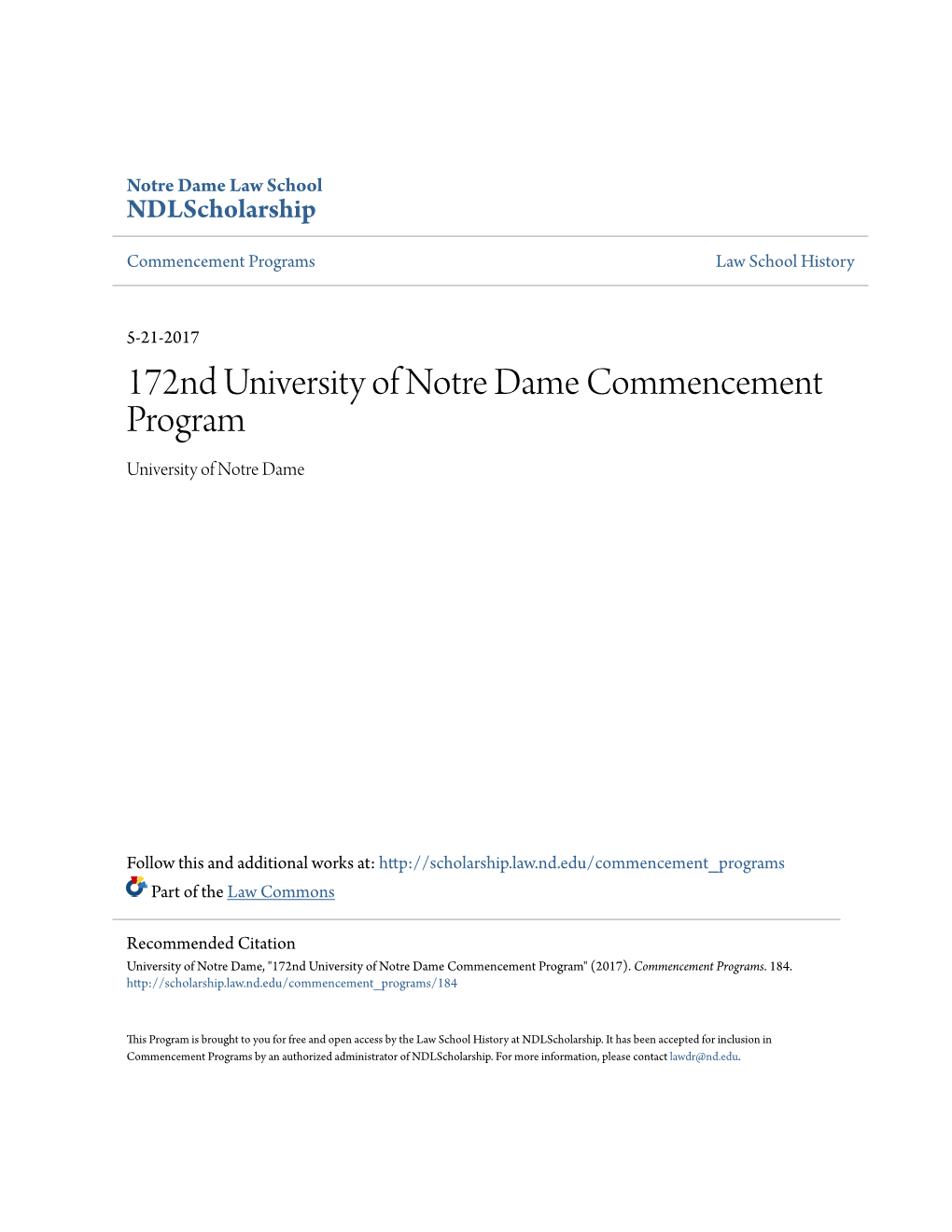 172Nd University of Notre Dame Commencement Program University of Notre Dame