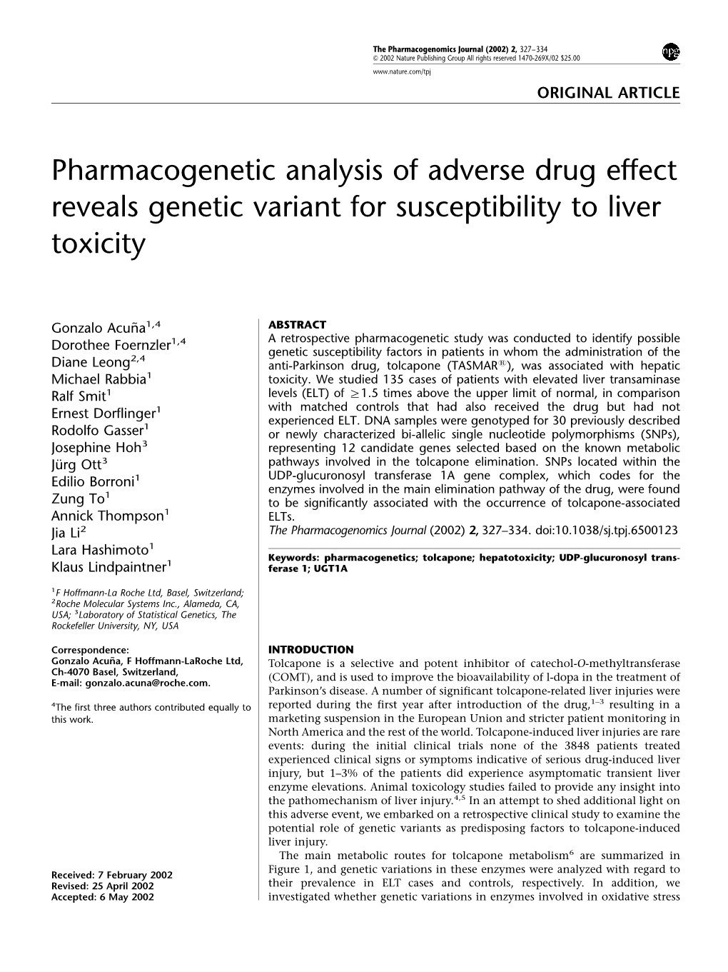 Pharmacogenetic Analysis of Adverse Drug Effect Reveals Genetic Variant for Susceptibility to Liver Toxicity