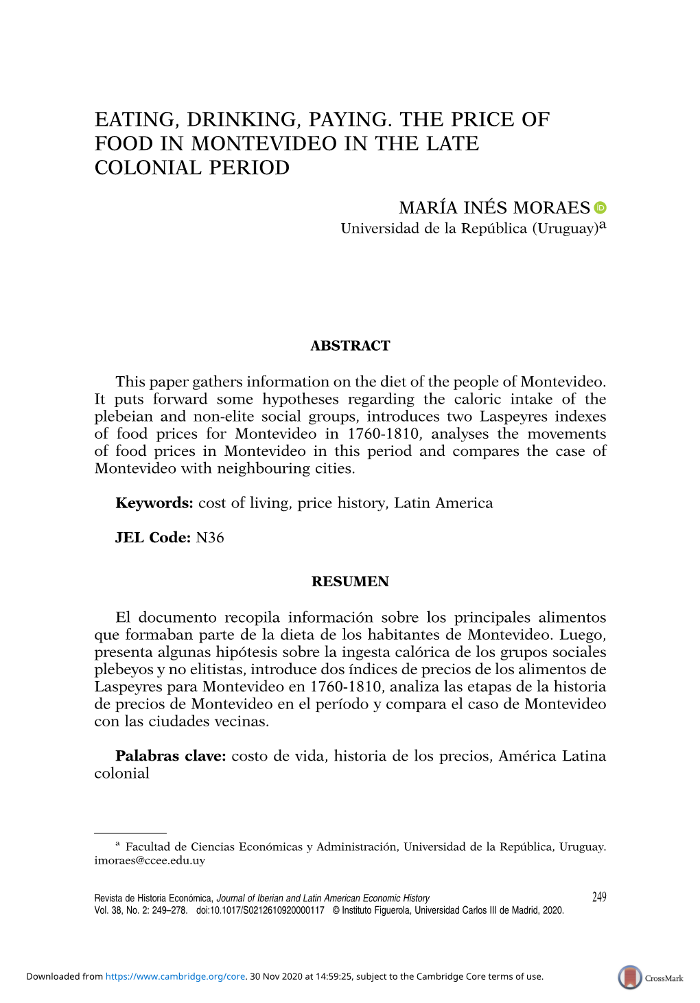 Eating, Drinking, Paying. the Price of Food in Montevideo in the Late Colonial Period