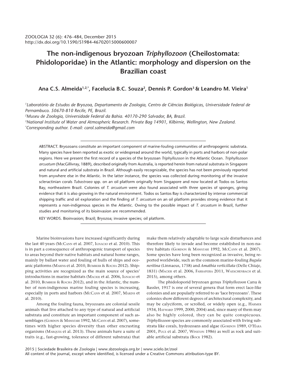 The Non-Indigenous Bryozoan Triphyllozoon (Cheilostomata: Phidoloporidae) in the Atlantic: Morphology and Dispersion on the Brazilian Coast