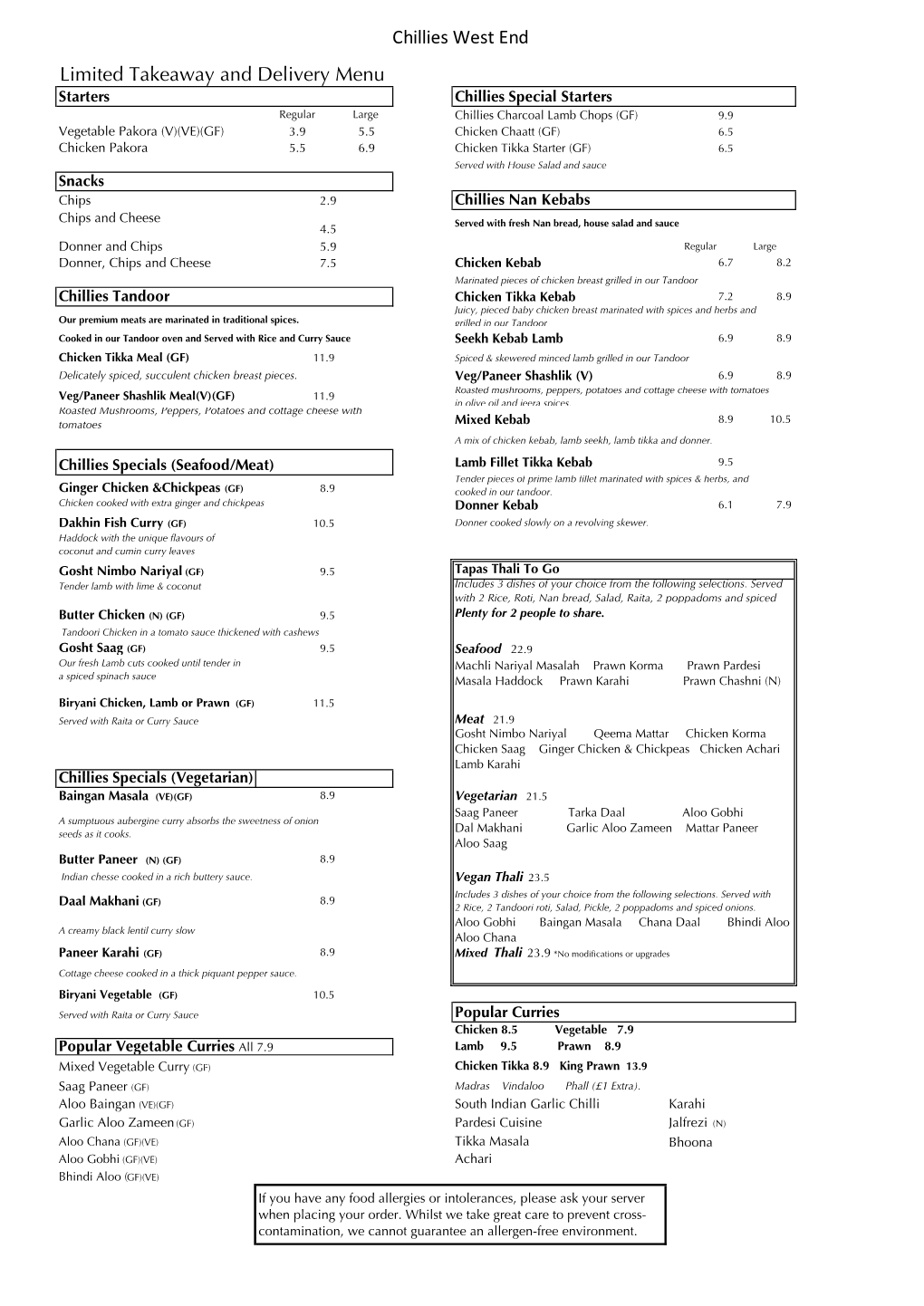 Chillies West End Limited Takeaway and Delivery Menu