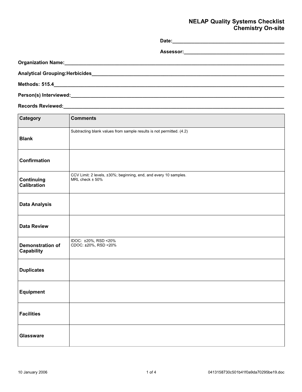 NELAC Quality Systems Checklist