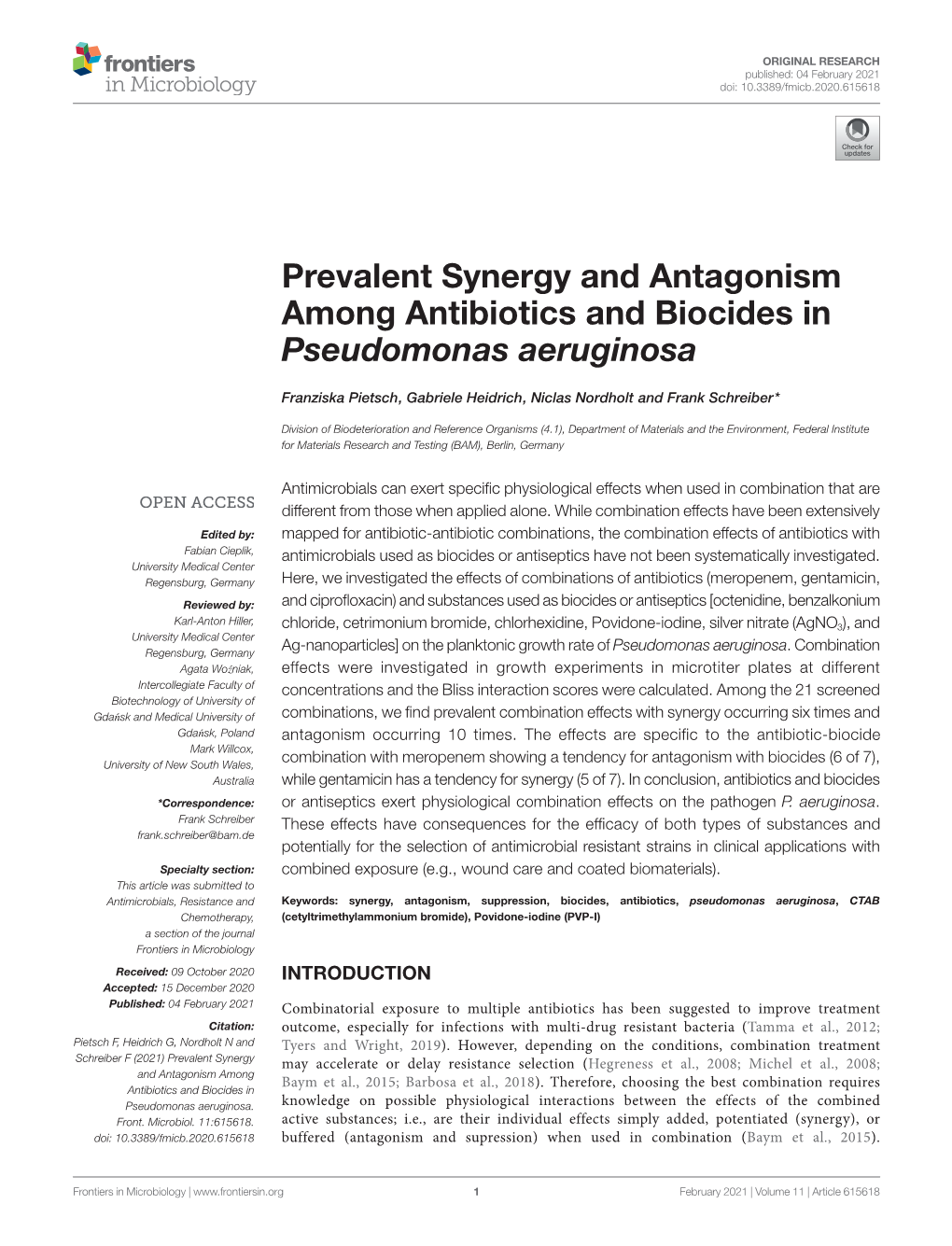 Prevalent Synergy and Antagonism Among Antibiotics and Biocides in Pseudomonas Aeruginosa