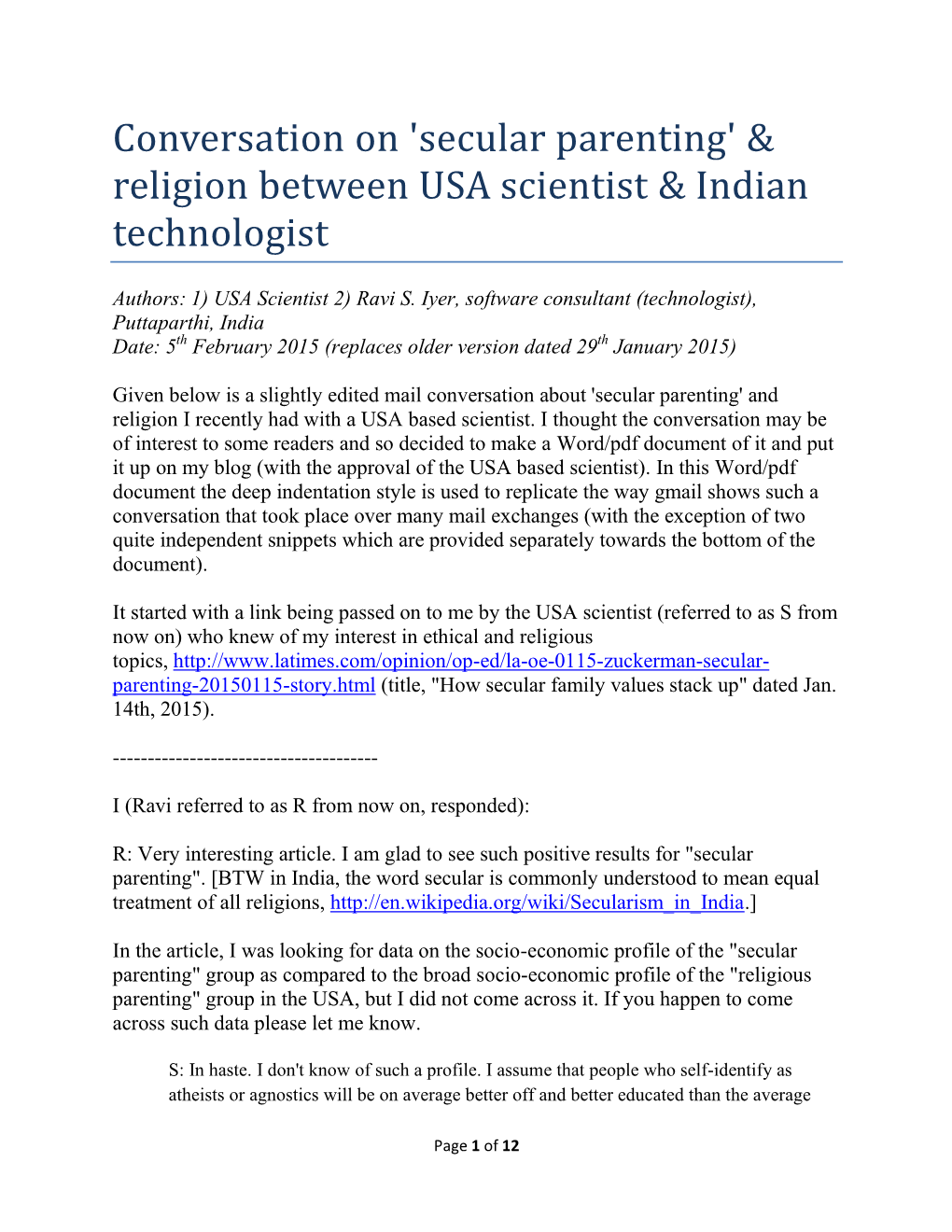 Secular Parenting' & Religion Between USA Scientist & Indian Technologist