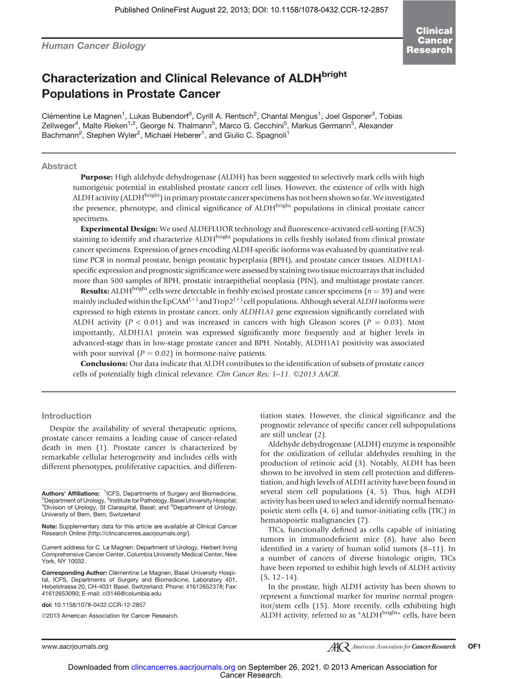 Characterization and Clinical Relevance of ALDH Populations In