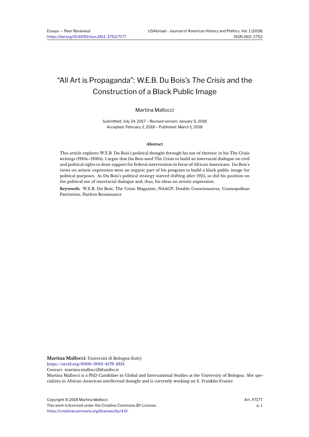 ``All Art Is Propaganda'': W.E.B. Du Bois's the Crisis and the Construction of a Black Public Image