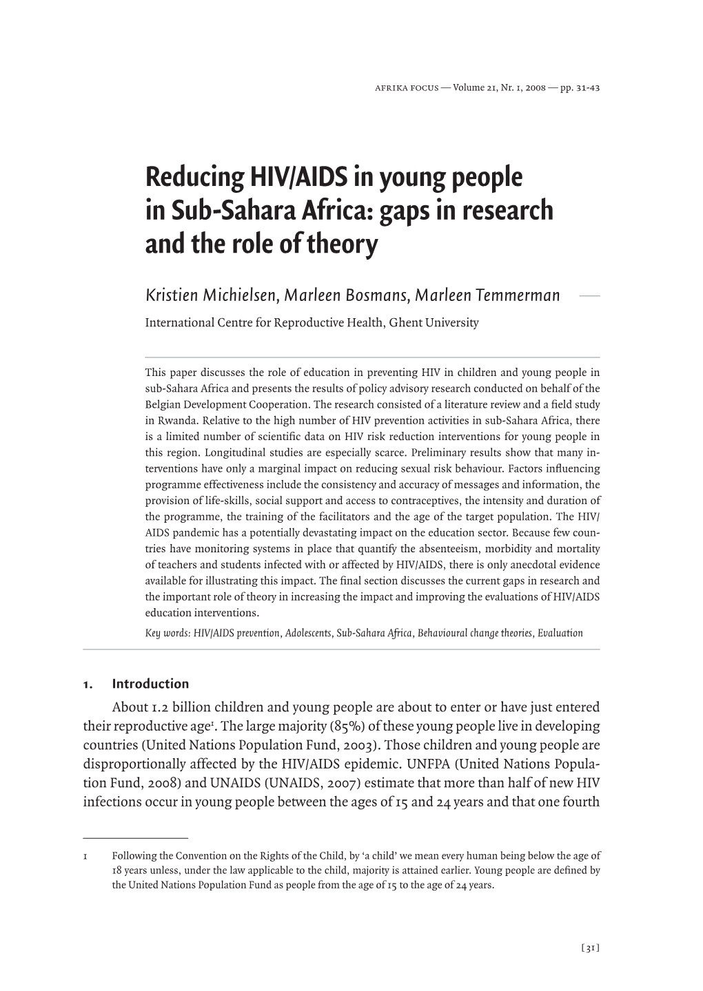 Reducing HIV/AIDS in Young People in Sub-Sahara Africa: Gaps in Research and the Role of Theory