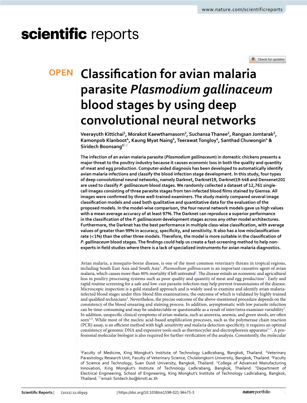 Classification for Avian Malaria Parasite Plasmodium Gallinaceum