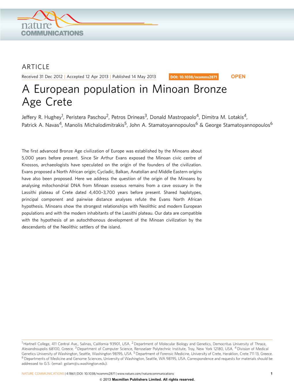 A European Population in Minoan Bronze Age Crete