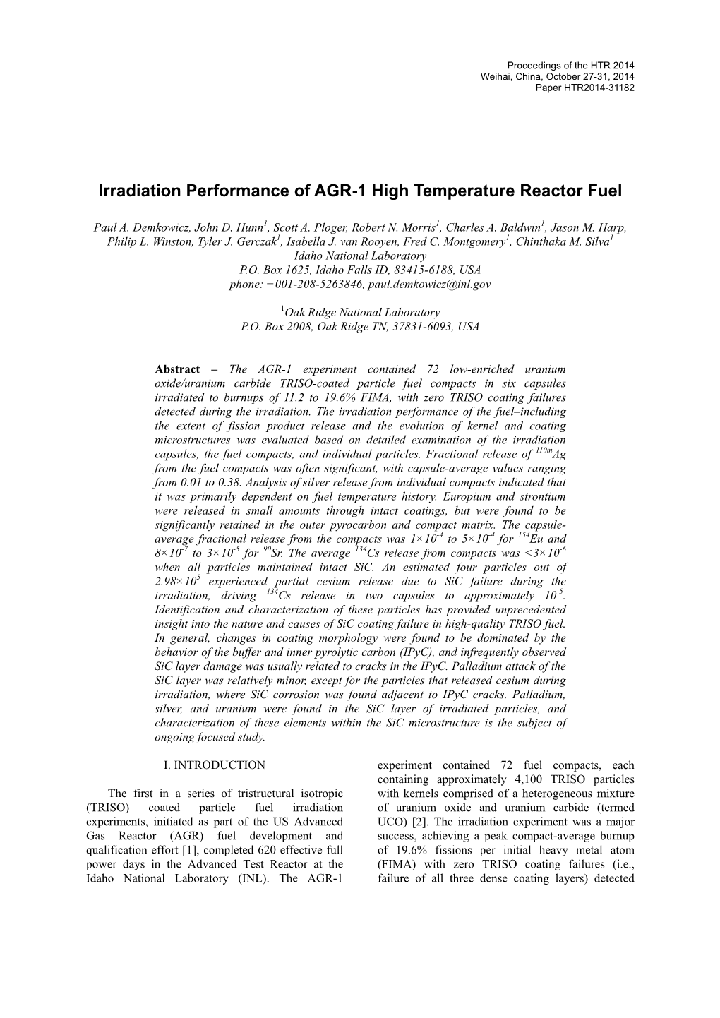 Irradiation Performance of AGR-1 High Temperature Reactor Fuel