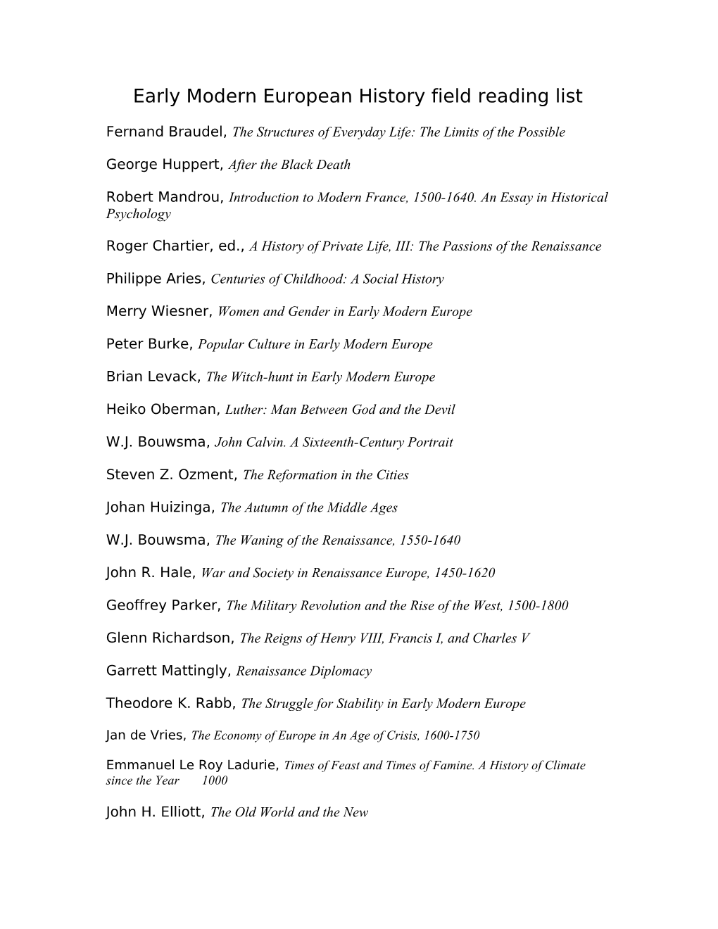 Early Modern European History Field Reading List