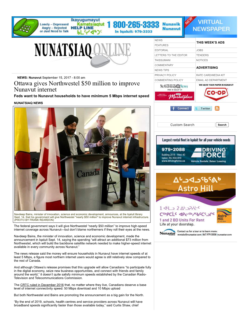 Ottawa Gives Northwestel $50 Million to Improve Nunavut Internet Feds Want to Nunavut Households to Have Minimum 5 Mbps Internet Speed