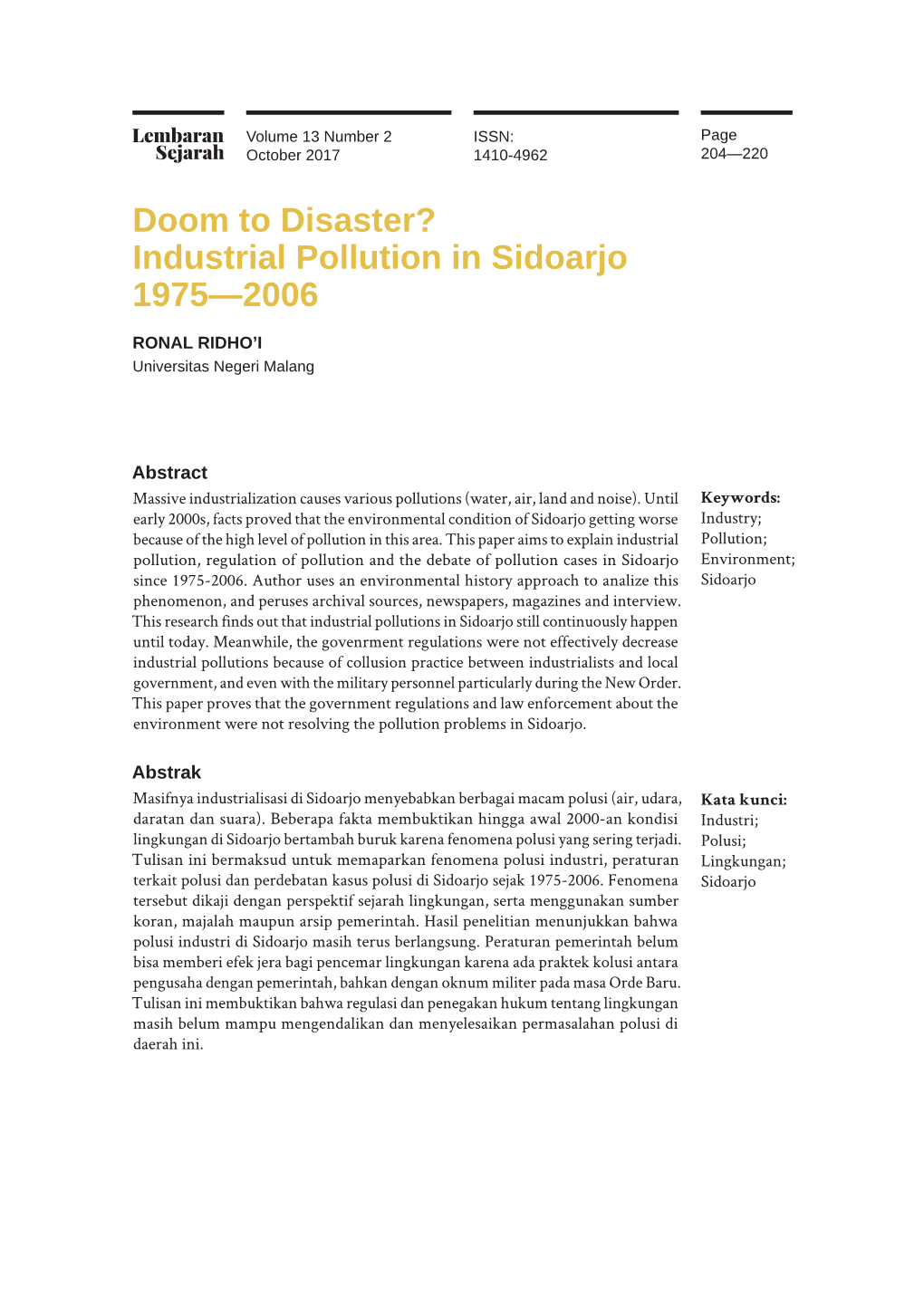 Industrial Pollution in Sidoarjo 1975—2006