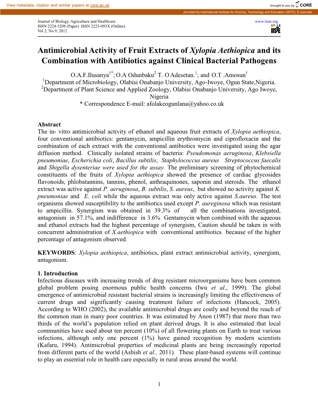Antimicrobial Activity of Fruit Extracts of Xylopia Aethiopica and Its Combination with Antibiotics Against Clinical Bacterial Pathogens