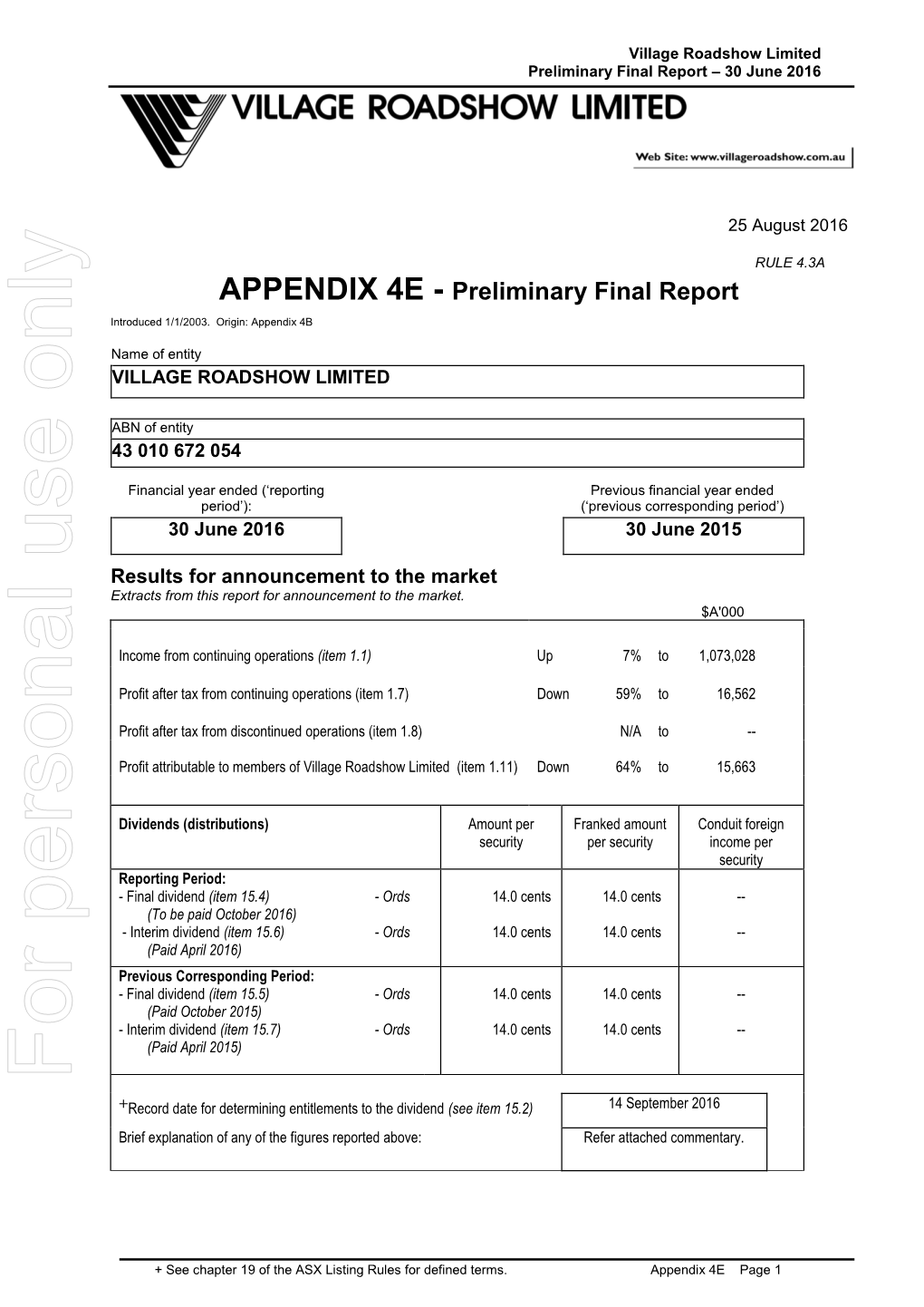 APPENDIX 4E - Preliminary Final Report