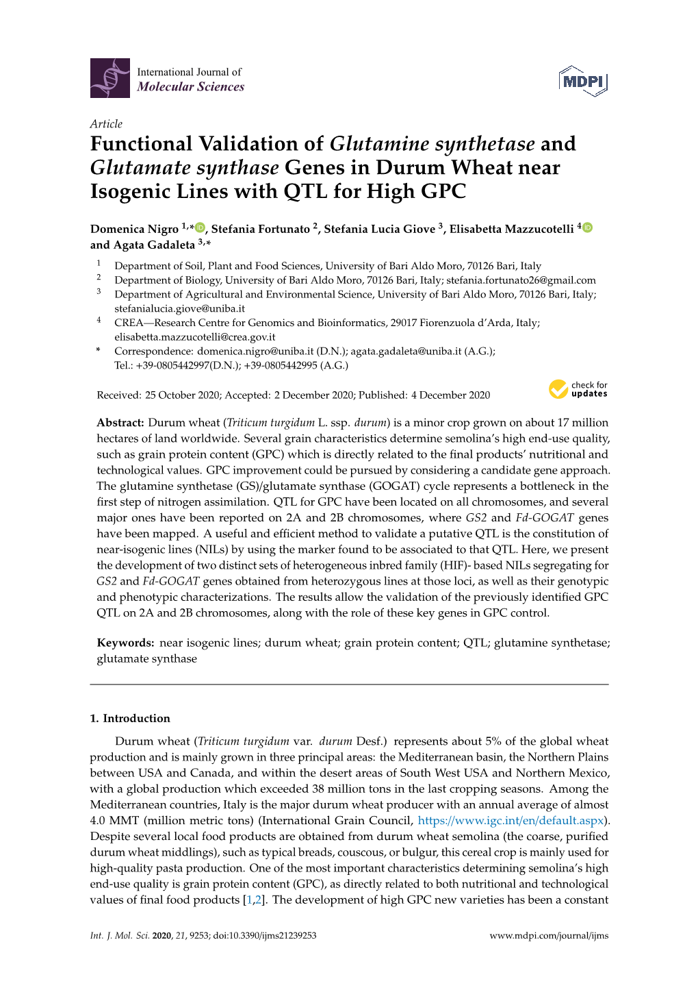 Functional Validation of Glutamine Synthetase and Glutamate Synthase Genes in Durum Wheat Near Isogenic Lines with QTL for High GPC