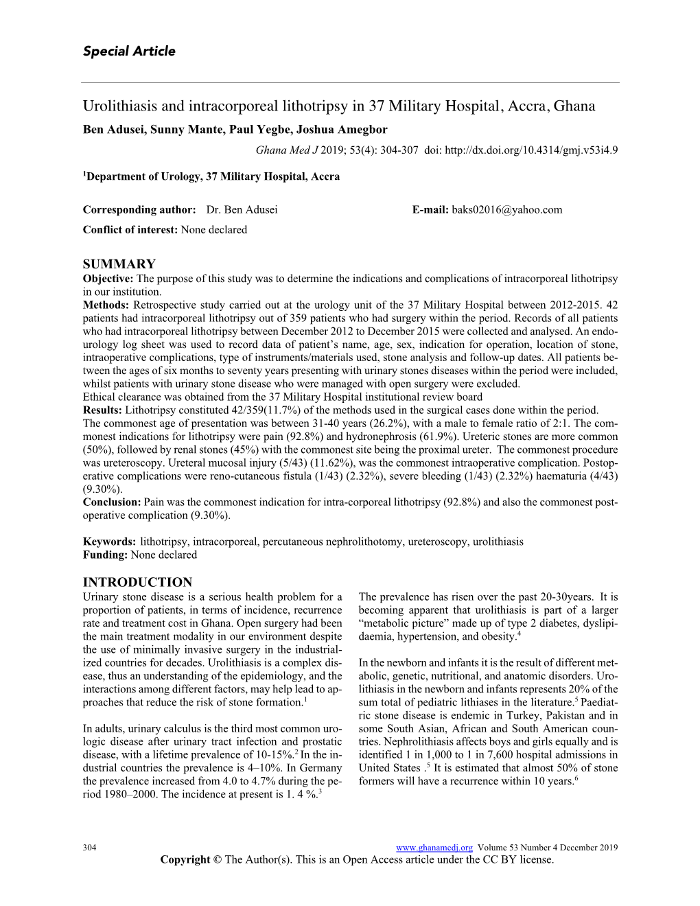 Urolithiasis and Intracorporeal Lithotripsy in 37 Military Hospital