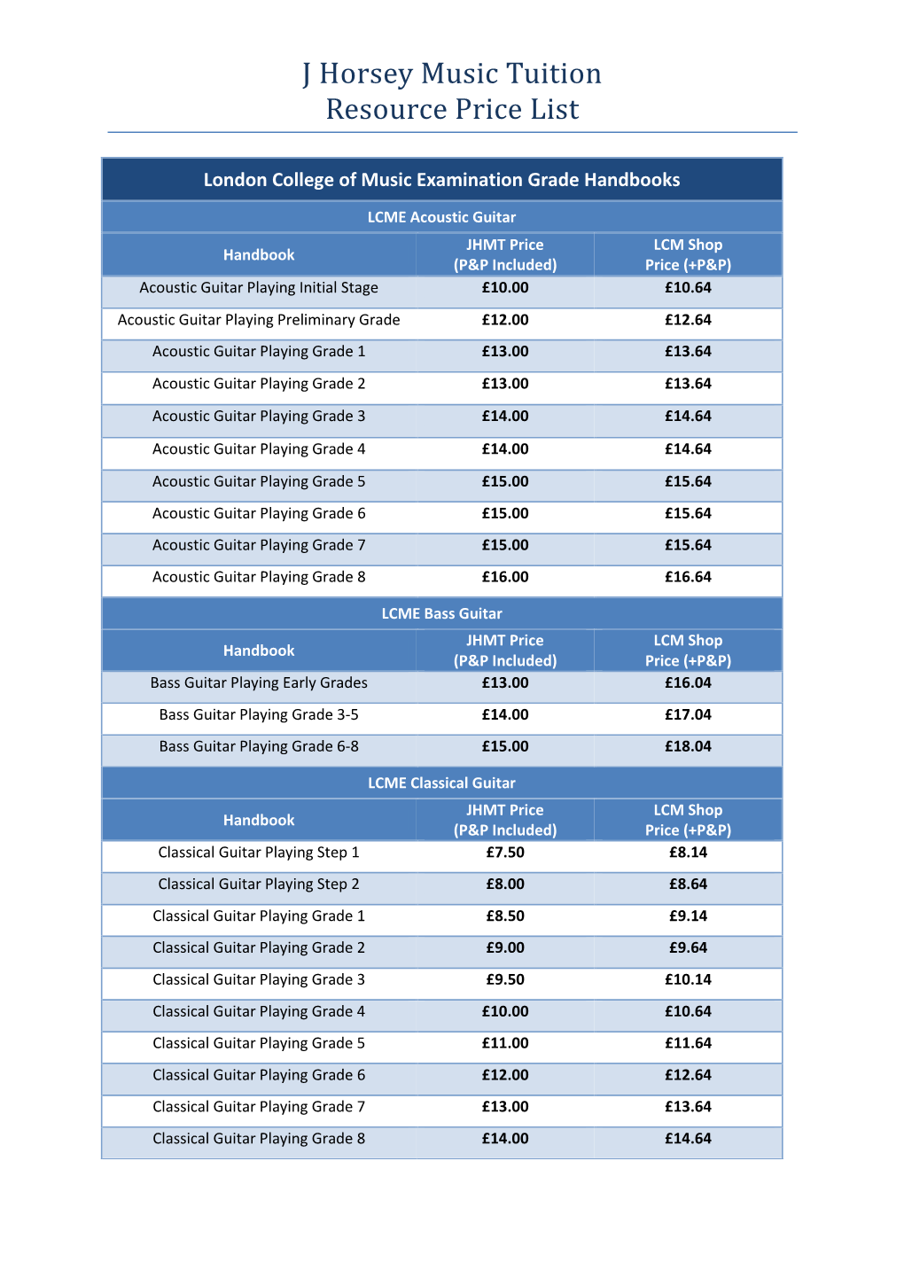J Horsey Music Tuition Resource Price List