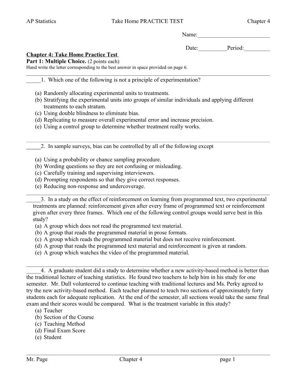 Chapter 4 Experiments And Studies Take Home Practice Test