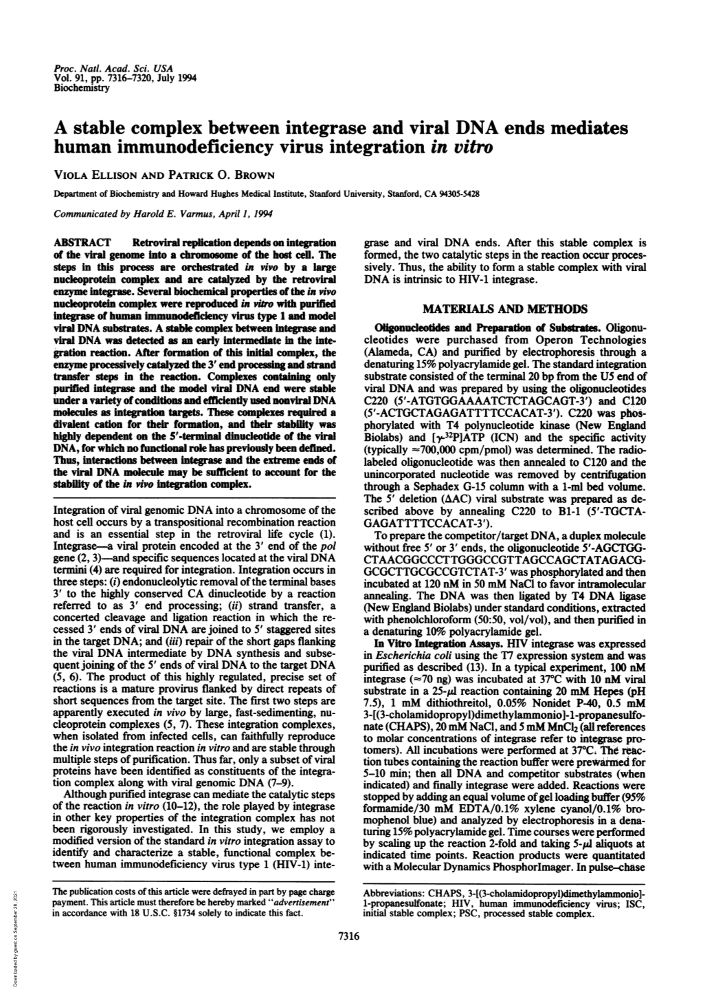 A Stable Complex Between Integrase and Viral DNA Ends Mediates Human Immunodeficiency Virus Integration in Vitro VIOLA ELLISON and PATRICK 0