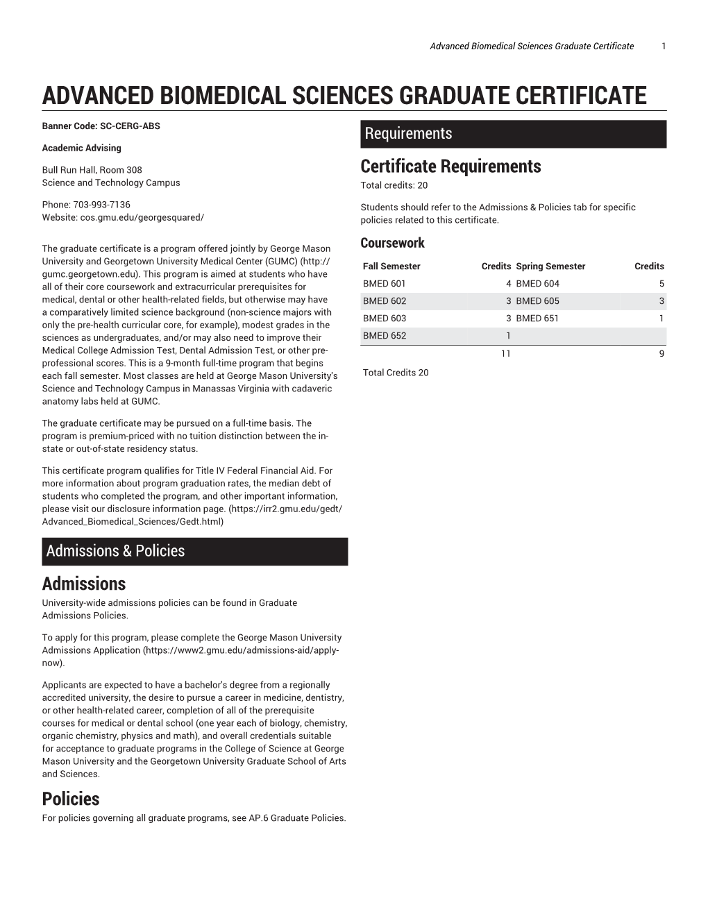 Advanced Biomedical Sciences Graduate Certificate 1