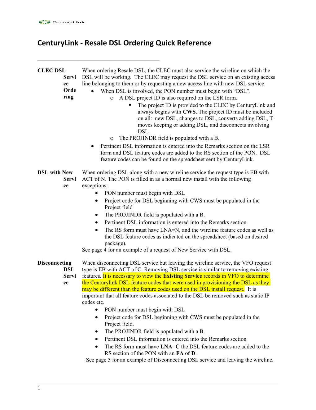 Centurylink - Resale DSL Ordering Quick Reference