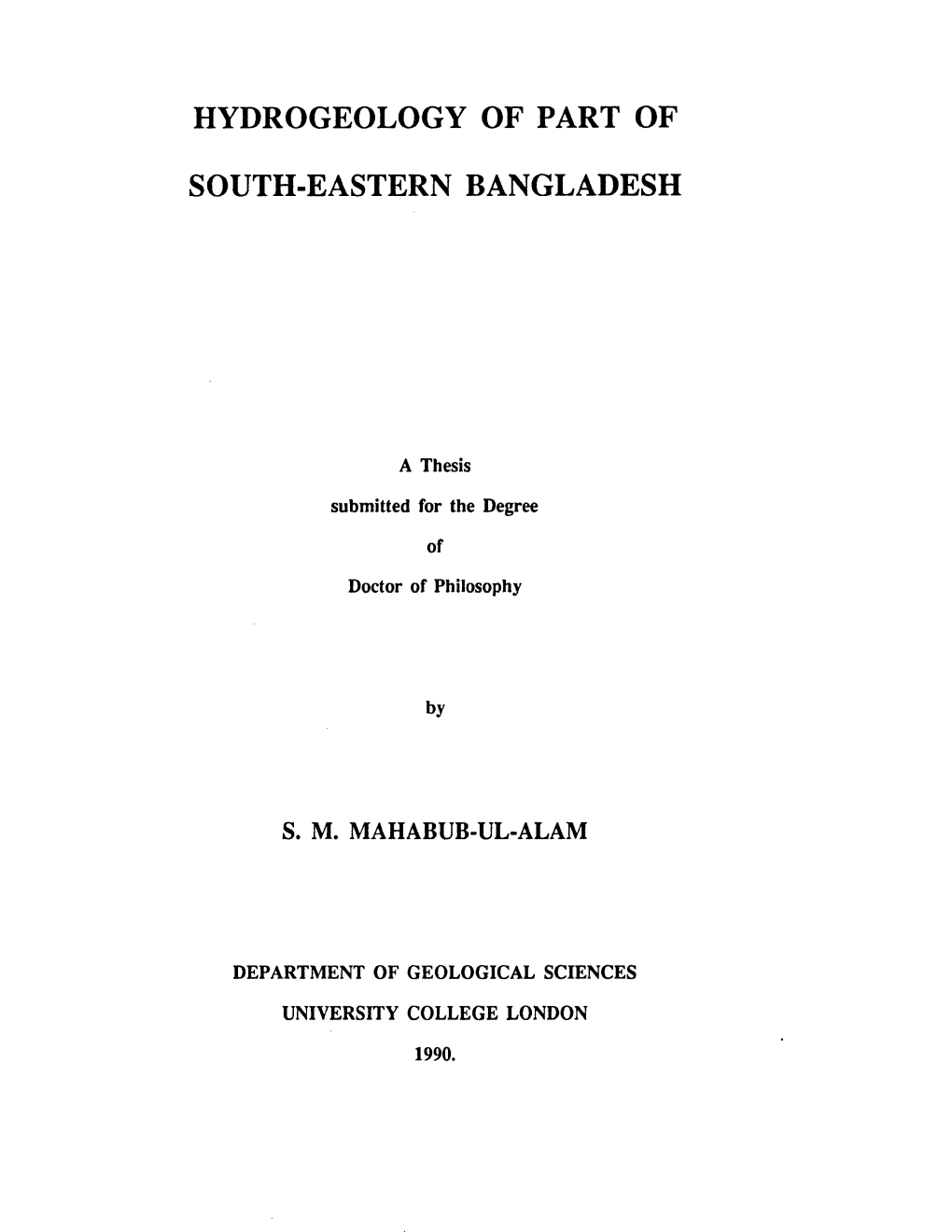 Hydrogeology of Part of South-Eastern Bangladesh