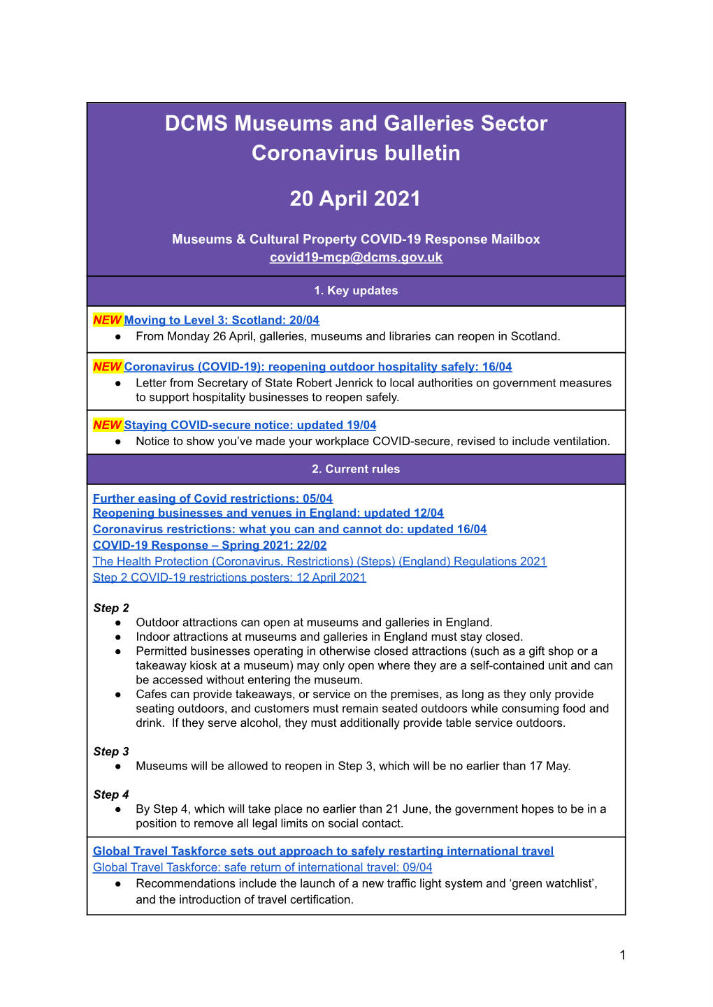 DCMS Museums and Galleries Sector Coronavirus Bulletin 20 April 2021