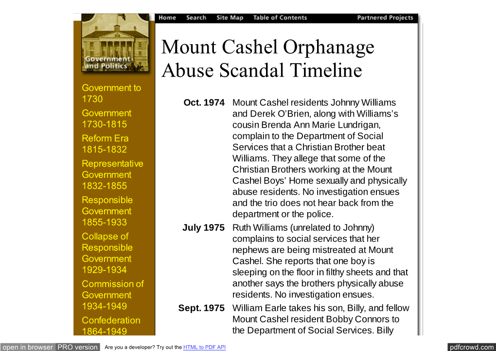 Mount Cashel Orphanage Abuse Scandal Timeline Government to 1730 Oct