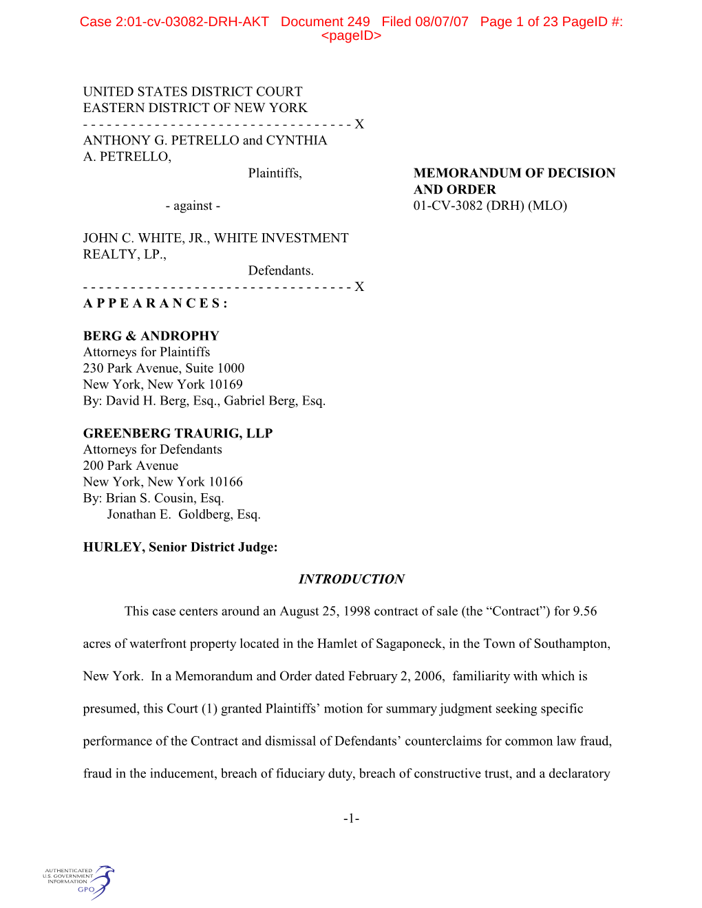 Case 2:01-Cv-03082-DRH-AKT Document 249 Filed 08/07/07 Page