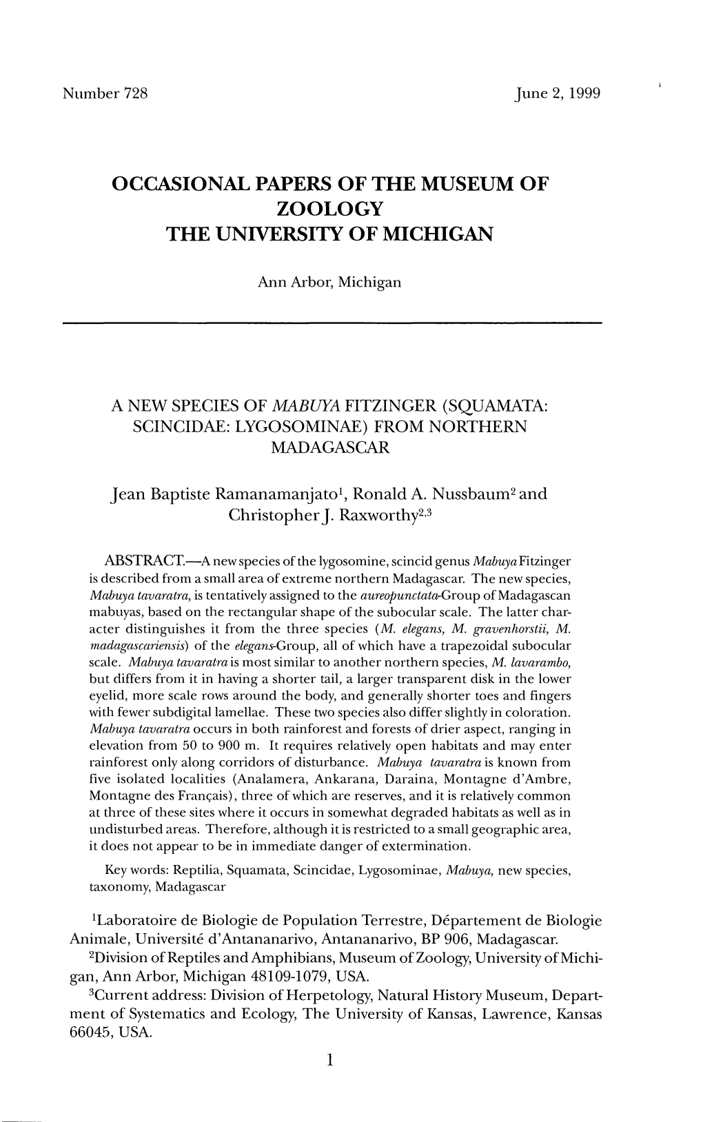 Occasional Papers of the Museum of Zoology the University of Michigan