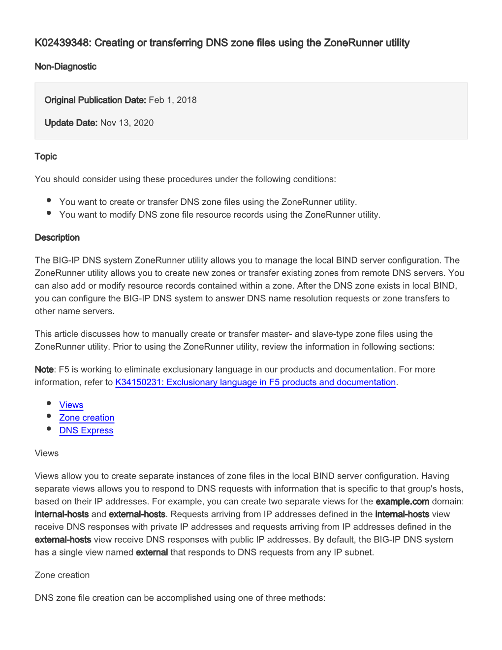 K02439348: Creating Or Transferring DNS Zone Files Using the Zonerunner Utility