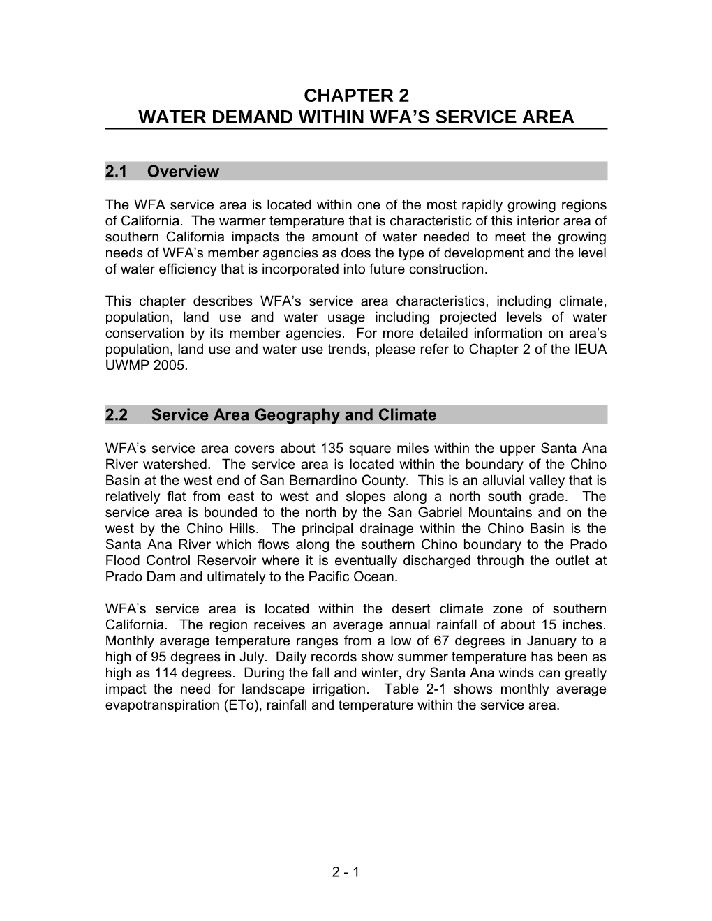 Water Demand Within WFA S Service Area