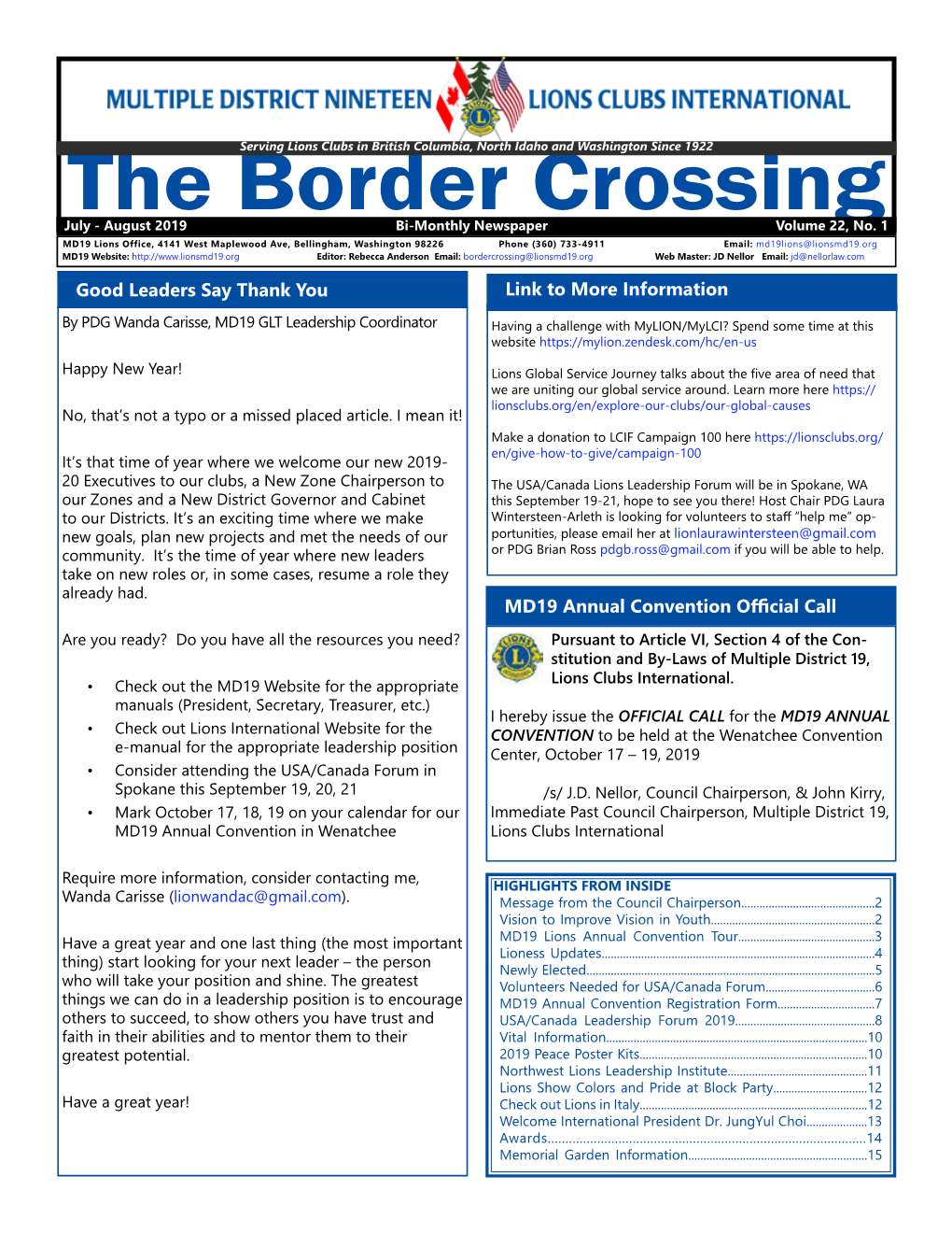 The Border Crossing July - August 2019 Bi-Monthly Newspaper Volume 22, No