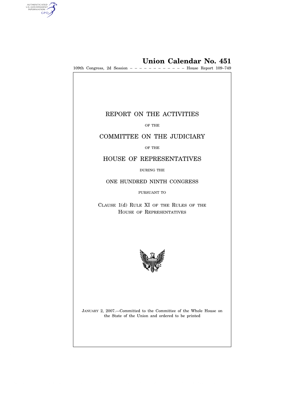 Union Calendar No. 451 109Th Congress, 2D Session – – – – – – – – – – – – House Report 109–749