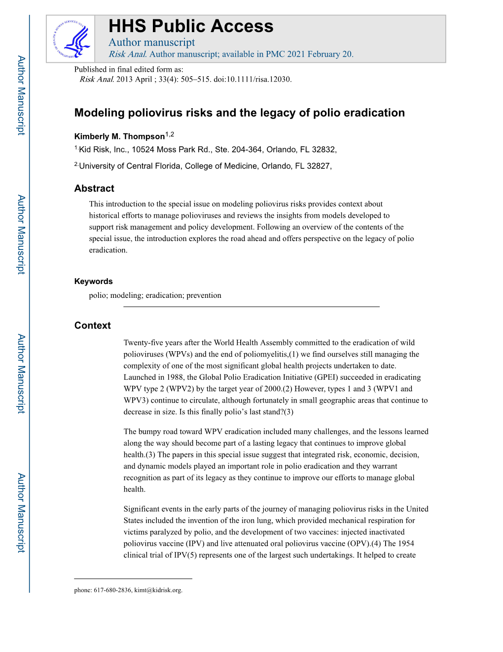 Modeling Poliovirus Risks and the Legacy of Polio Eradication
