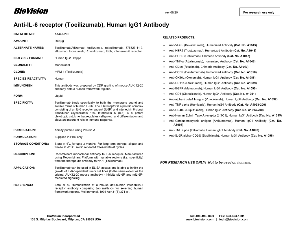 Tocilizumab), Human Igg1 Antibody