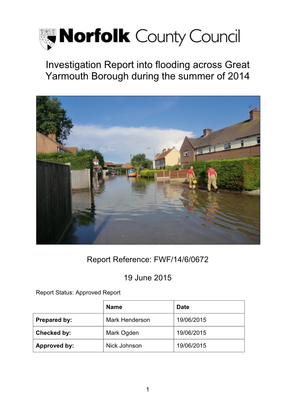 Investigation Report Into Flooding Across Great Yarmouth Borough During the Summer of 2014