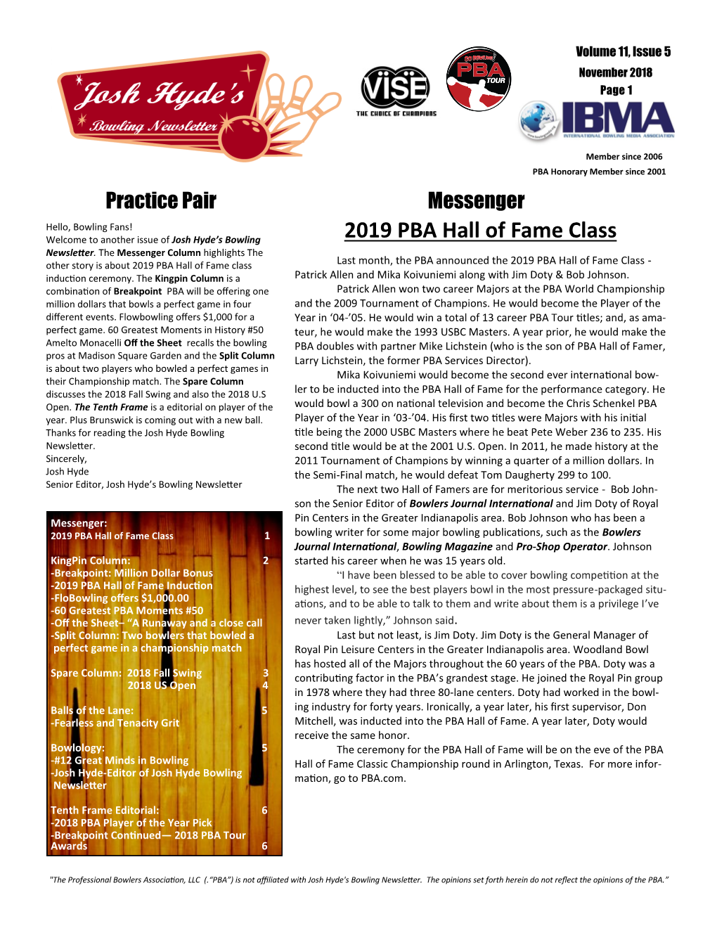 2019 PBA Hall of Fame Class Newsletter