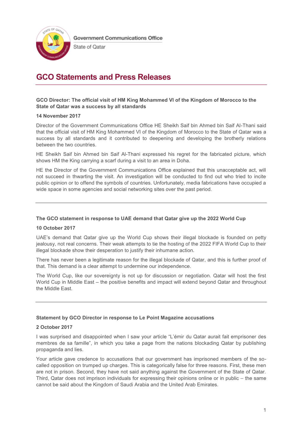 GCO Statements and Press Releases