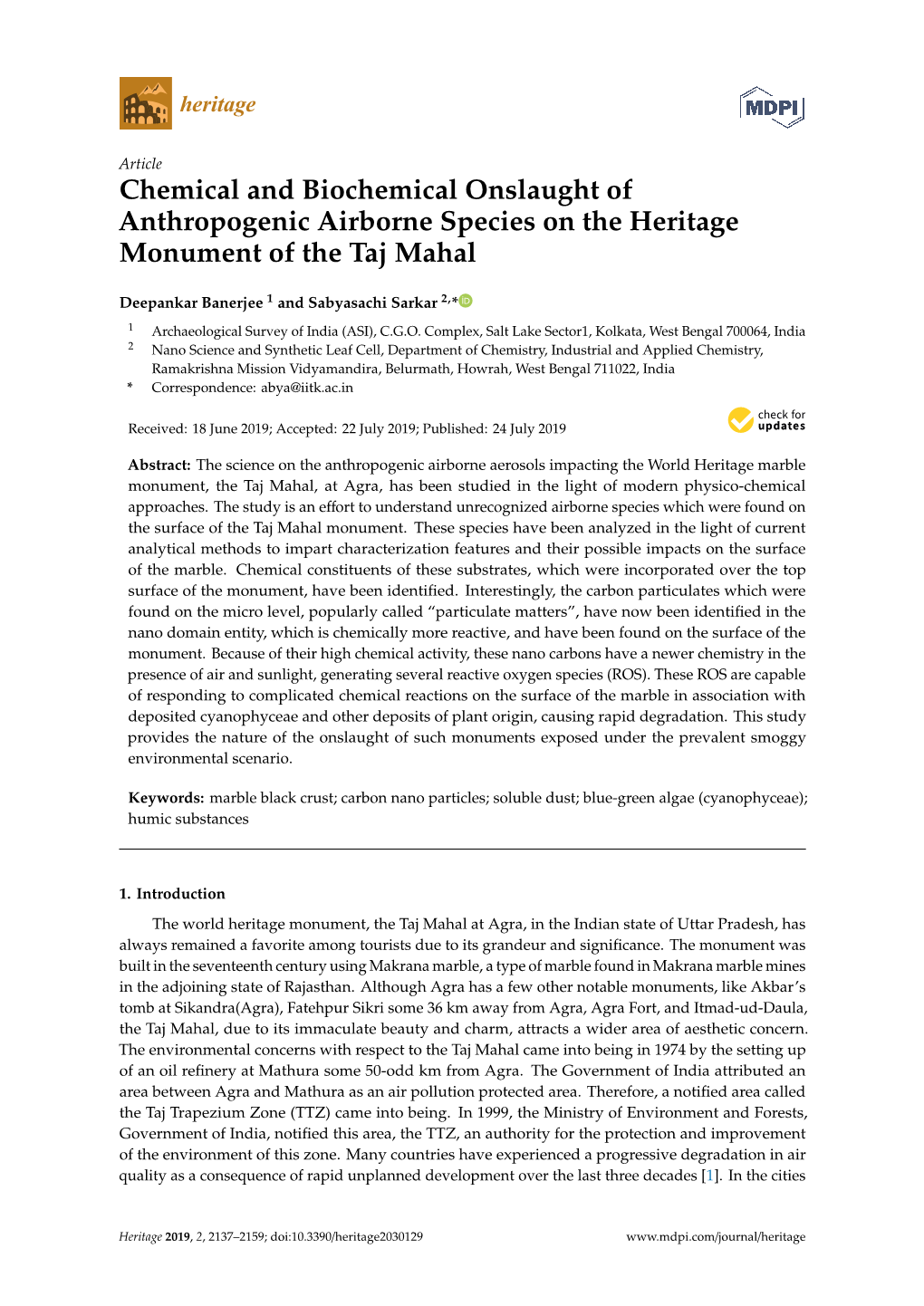 Chemical and Biochemical Onslaught of Anthropogenic Airborne Species on the Heritage Monument of the Taj Mahal