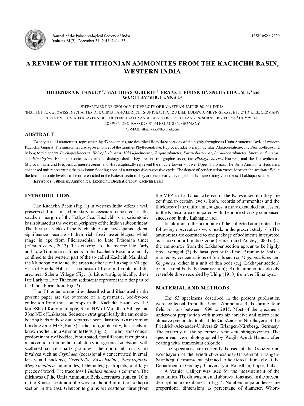 A Review of the Tithonian Ammonites from the Kachchh Basin, Western India