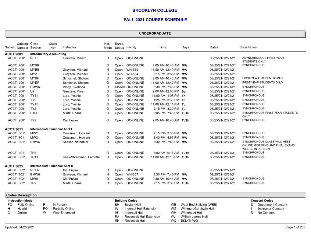 Brooklyn College Fall 2021 Course Schedule