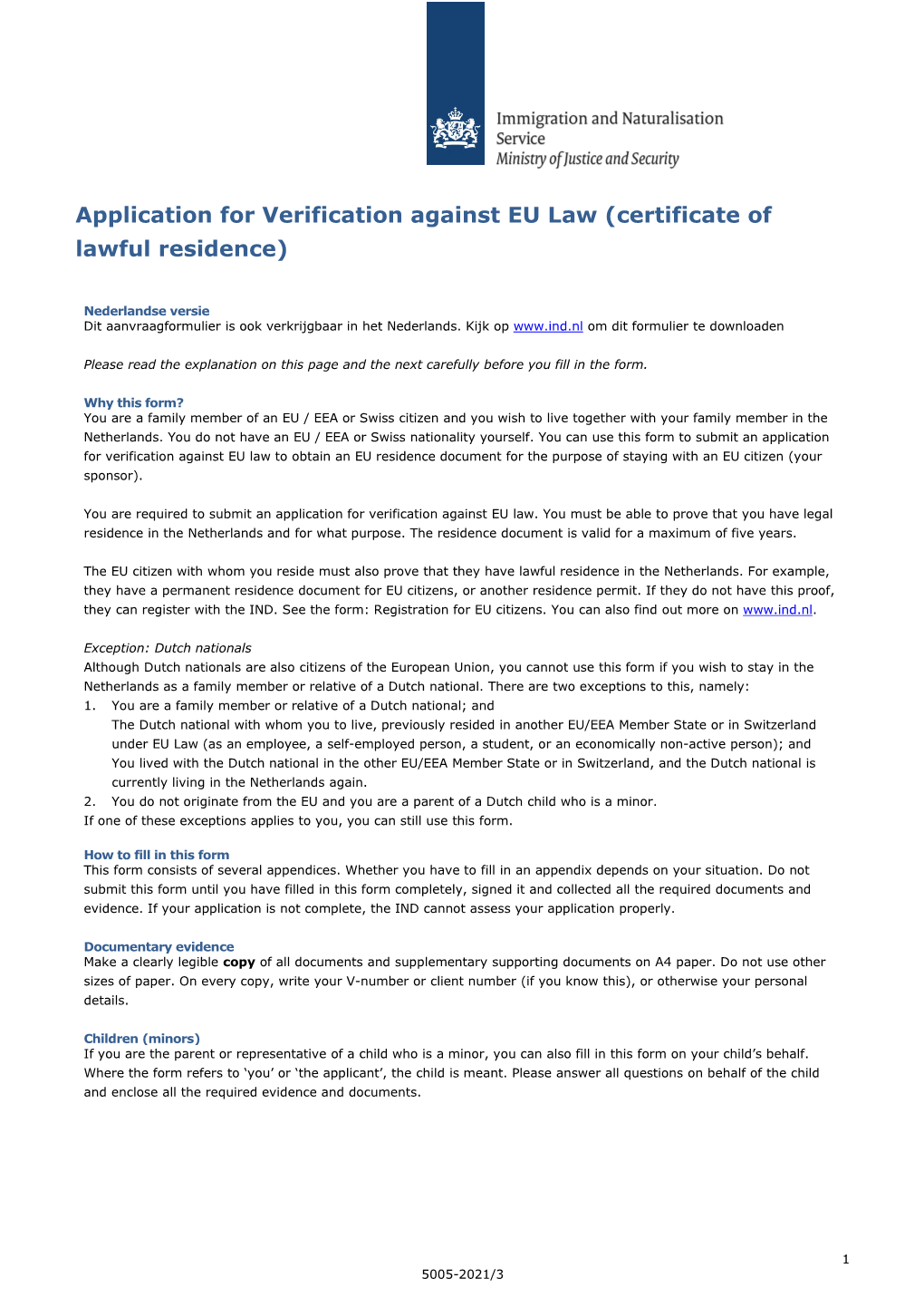 Application for Verification Against EU Law (Certificate of Lawful Residence)