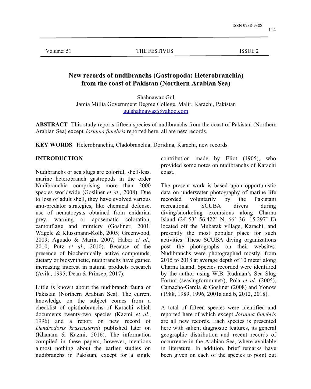 New Records of Nudibranchs (Gastropoda: Heterobranchia) from the Coast of Pakistan (Northern Arabian Sea)