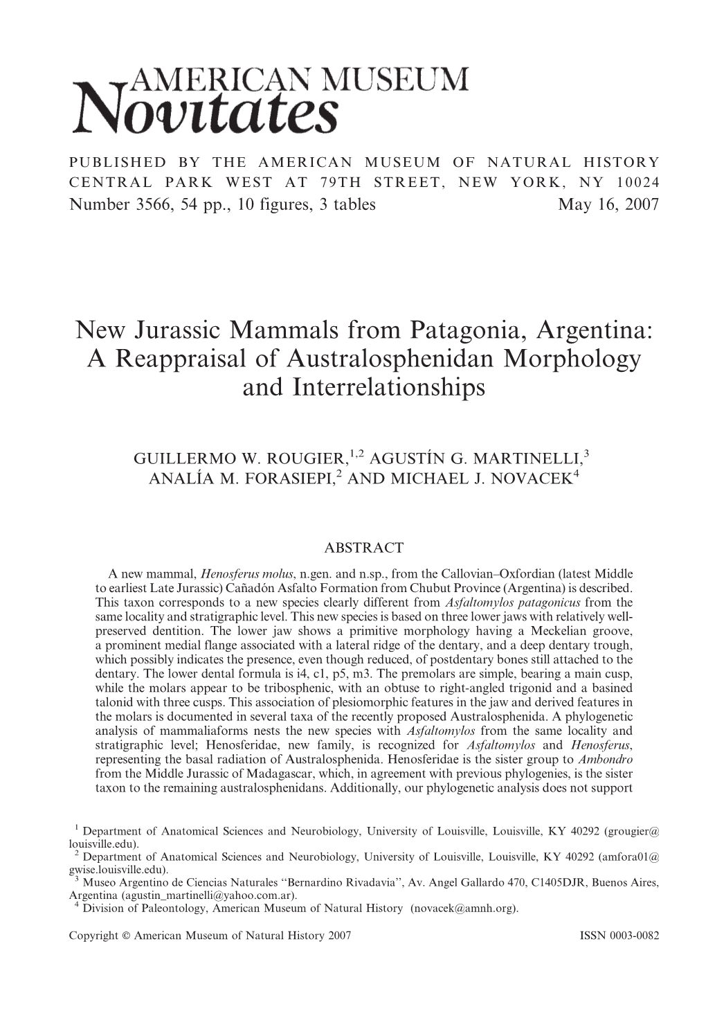 New Jurassic Mammals from Patagonia, Argentina: a Reappraisal of Australosphenidan Morphology and Interrelationships