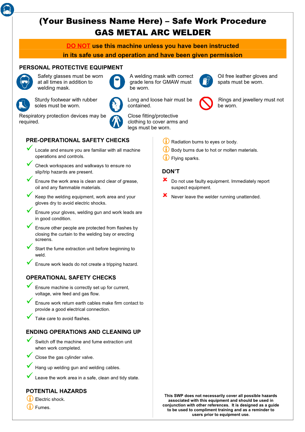 Safety Operating Procedures - Gas Metal Arc Welder