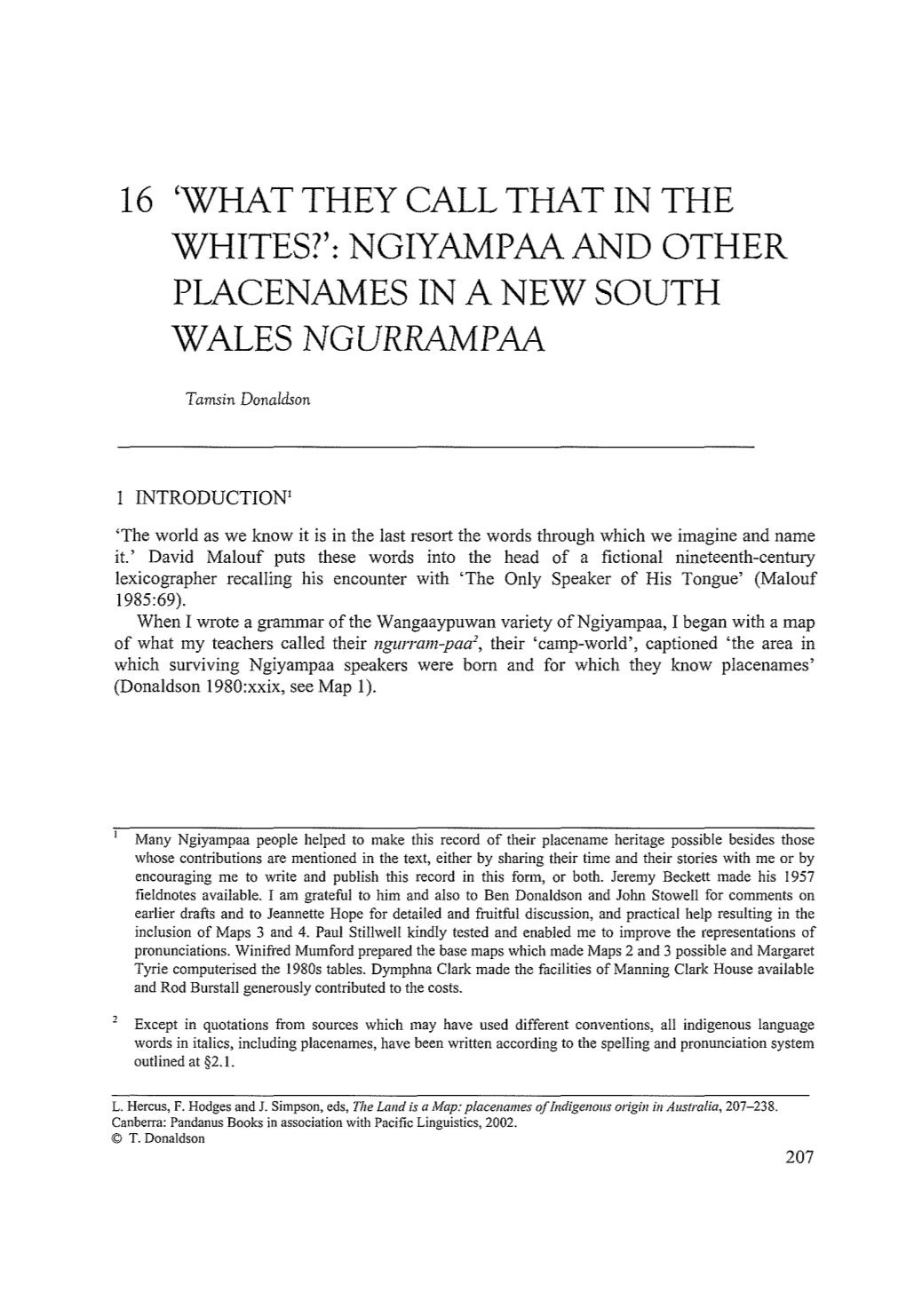 What They Call That in the Whites?': Ngiyampaaand Other Placenames in a New South Wales Ngurrampaa