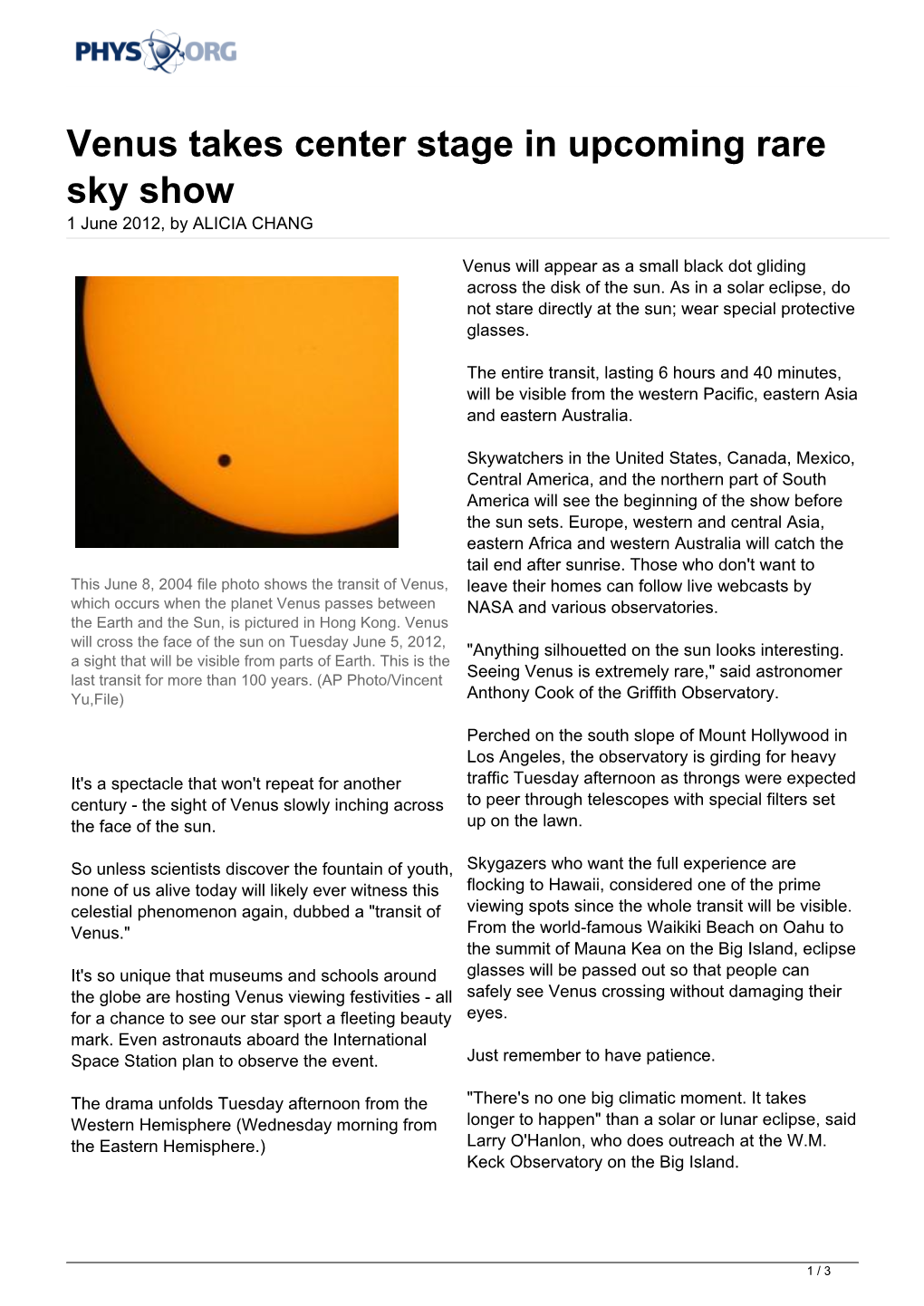 Venus Takes Center Stage in Upcoming Rare Sky Show 1 June 2012, by ALICIA CHANG