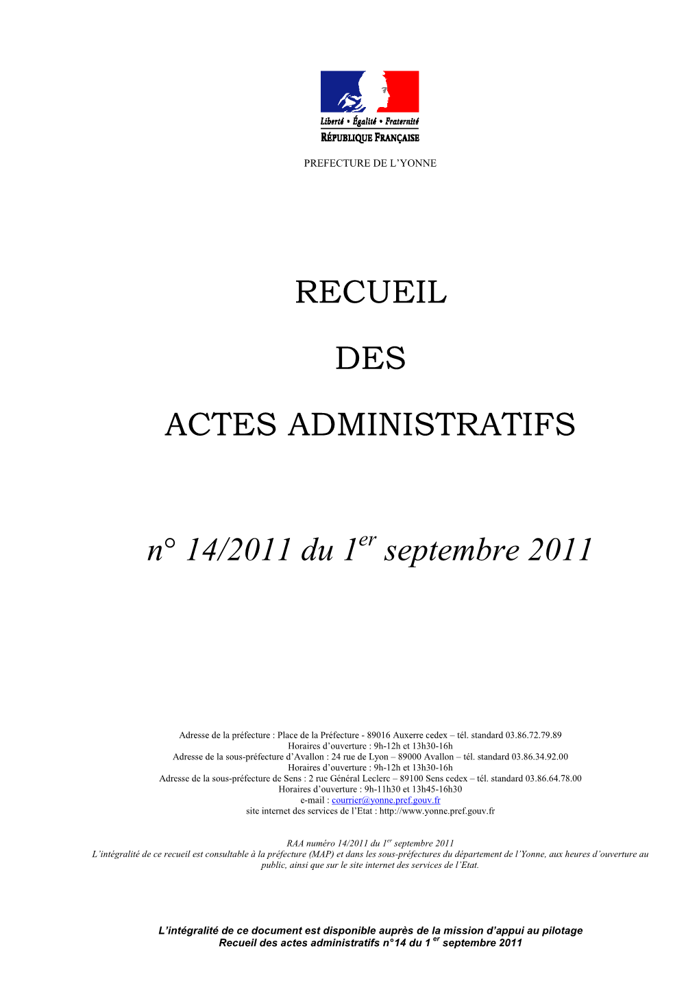RECUEIL DES ACTES ADMINISTRATIFS N° 14/2011 Du 1